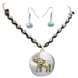 2-Tone Elephant Stone Necklace Earrings Set